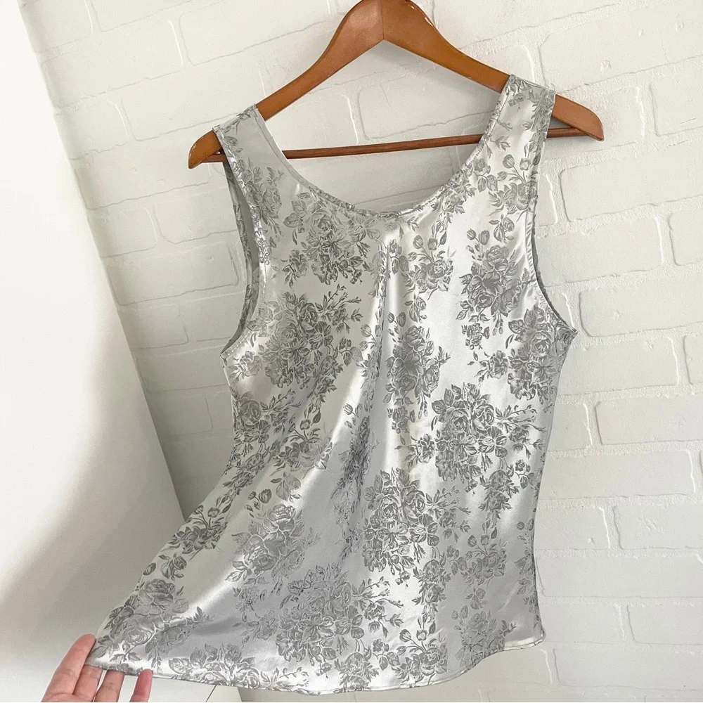 Vintage Silver Satin Baroque Roses Cami Iridescent Floral Tank Top sz XL/XXL - Picture 14 of 14